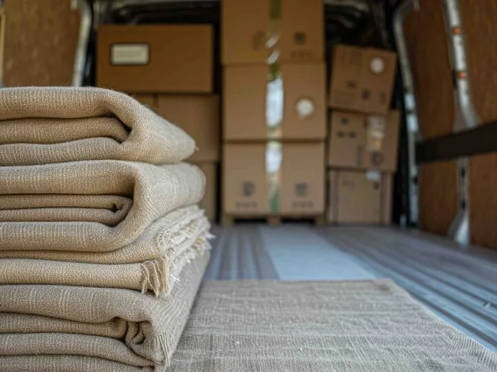 Folded moving blankets stacked in a van full of boxes